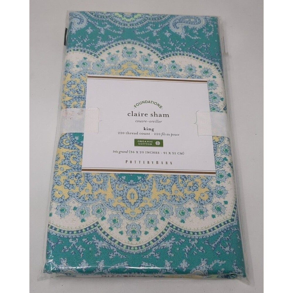 Pottery Barn Claire Sham King Square 36" X 20" Blue Paisley Organic‎ Cotton NEW